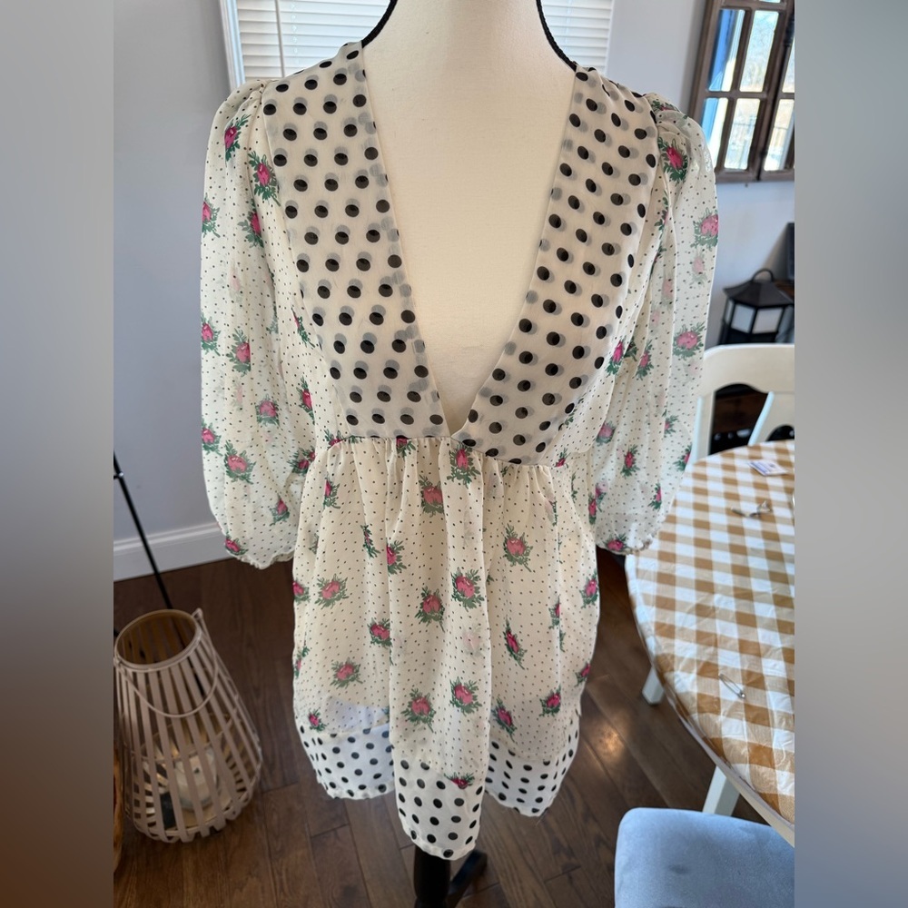 Lola White and Pink Floral Semi Sheer Blouse Skze Medium